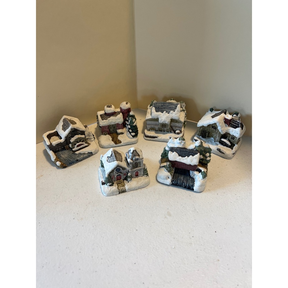 Vintage Miniature Christmas Village Set of 6 Snow Covered Resin Buildings Church